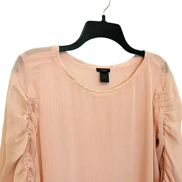 Ann Taylor Pink Sheer Blouse Top Cinch Sleeve Large - Picture 2 of 7